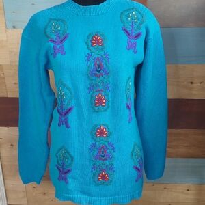 TanJay Teal Sweater with Floral Embroidery